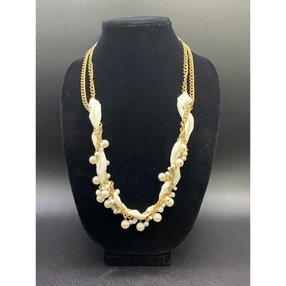 Faux Pearl with Ribbon & Gold Tone Chain Statement Necklace